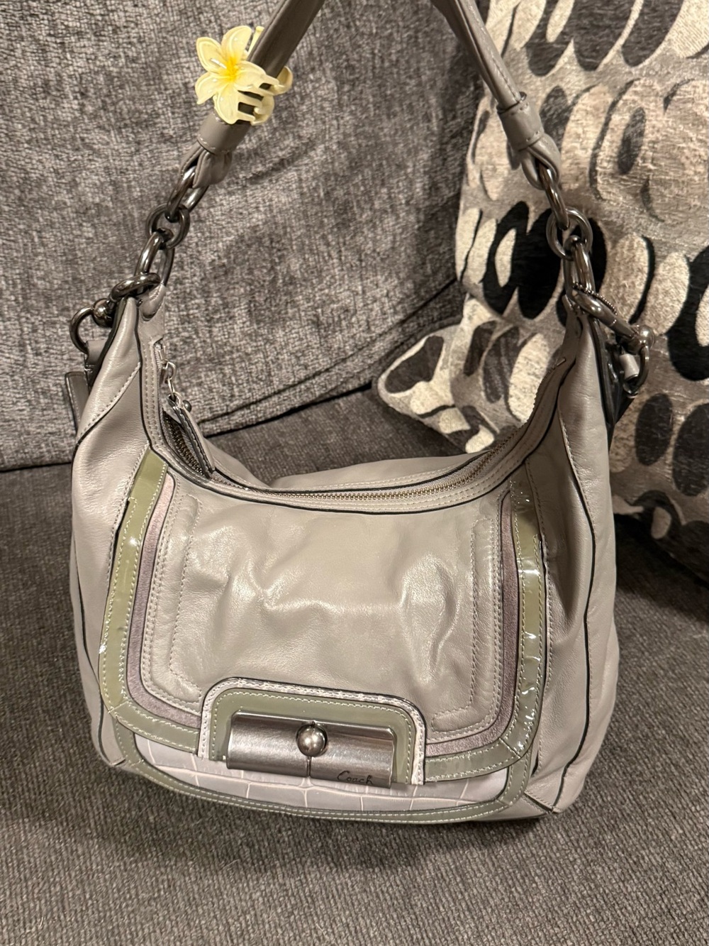 Gray Leather Shoulder Bag with Accent Trim